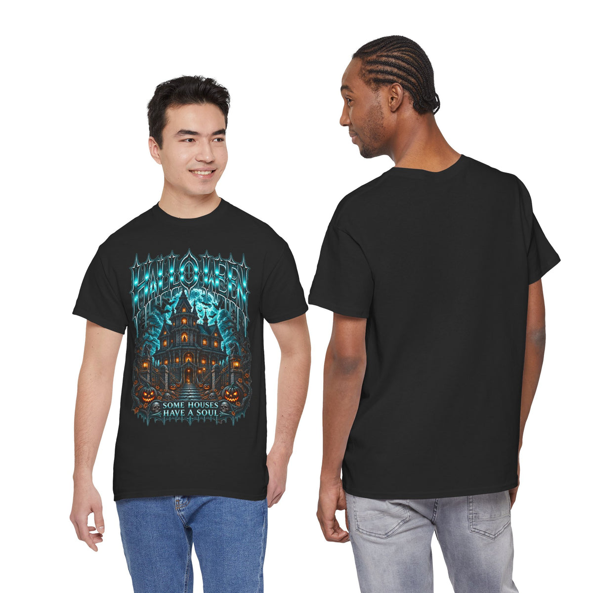 Midnight Manor Haunted House T-Shirt in Black — model view