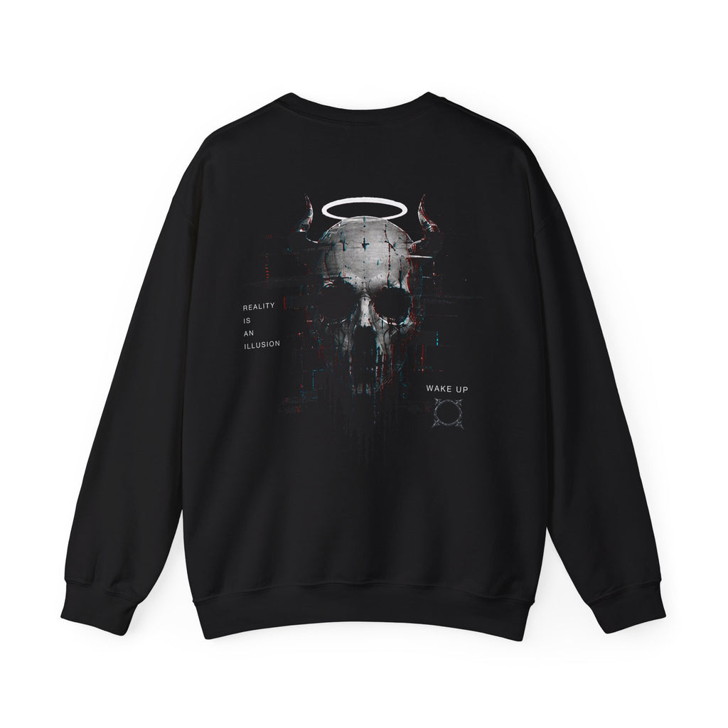 Reality Is an Illusion Glitch Skull Sweatshirt in Black — back view