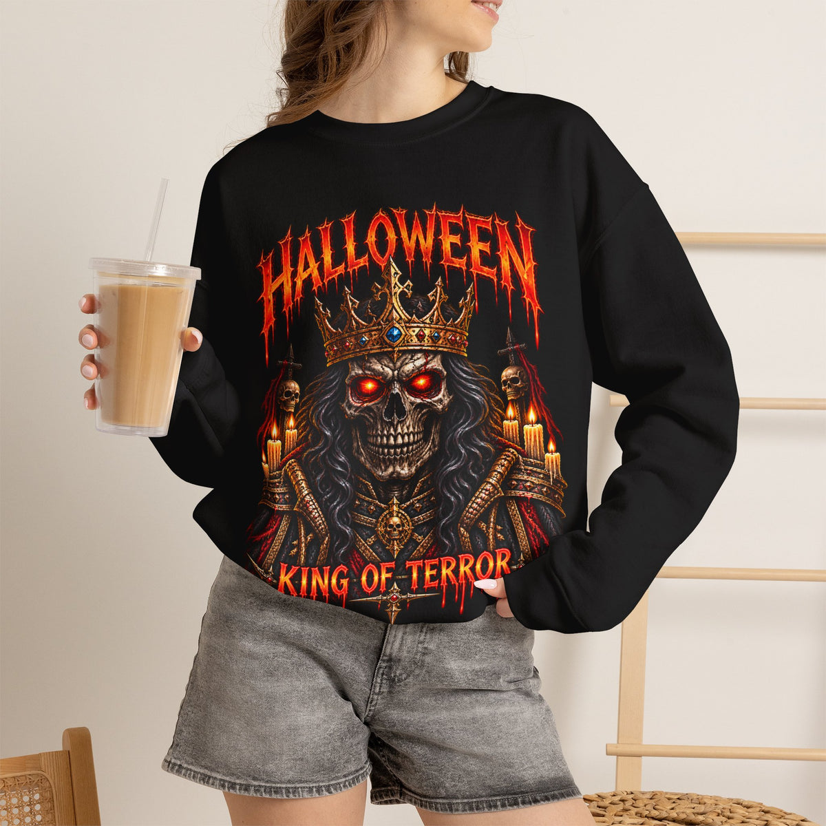 Crowned Terror Skeleton King Sweatshirt in Black — model view