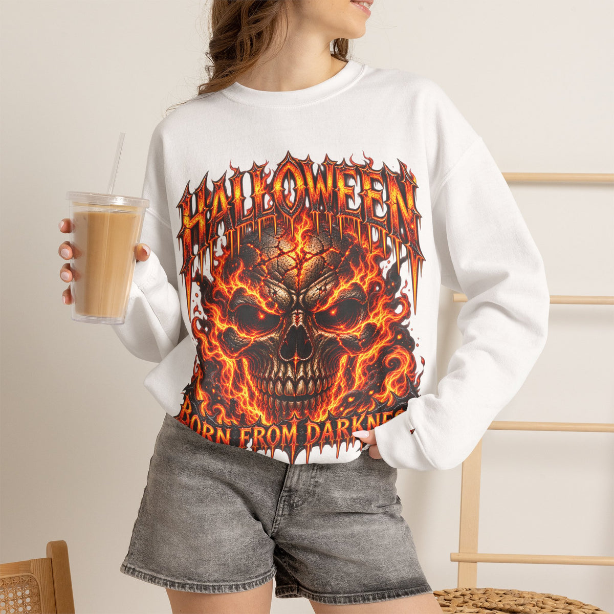 Born from Darkness Flaming Skull Sweatshirt in White — model view