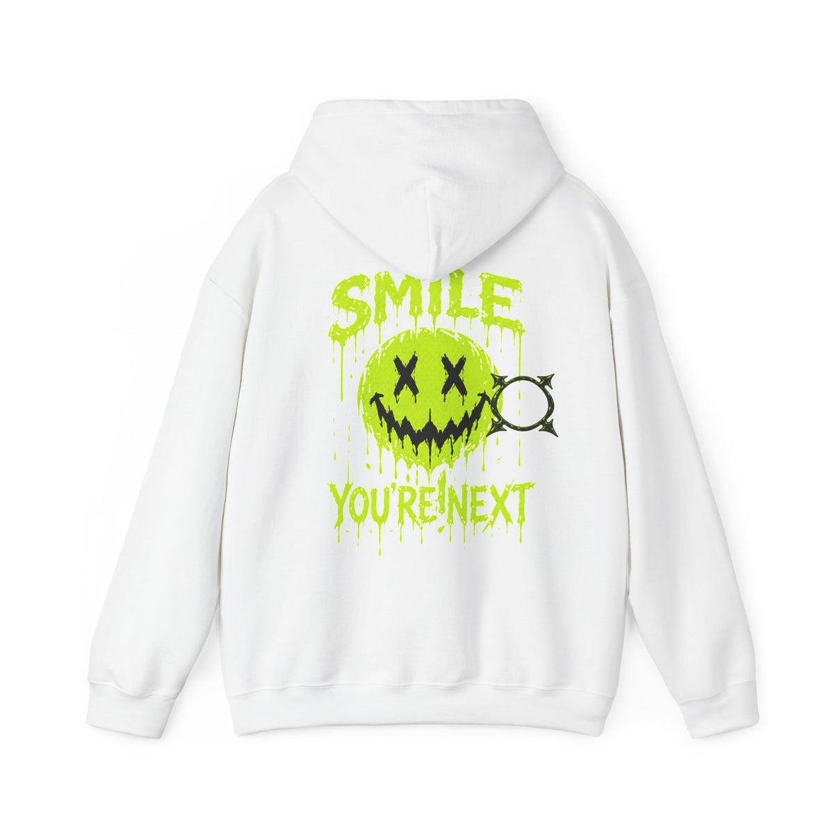 You Are Next Creepy Smiley Hoodie in White — back view