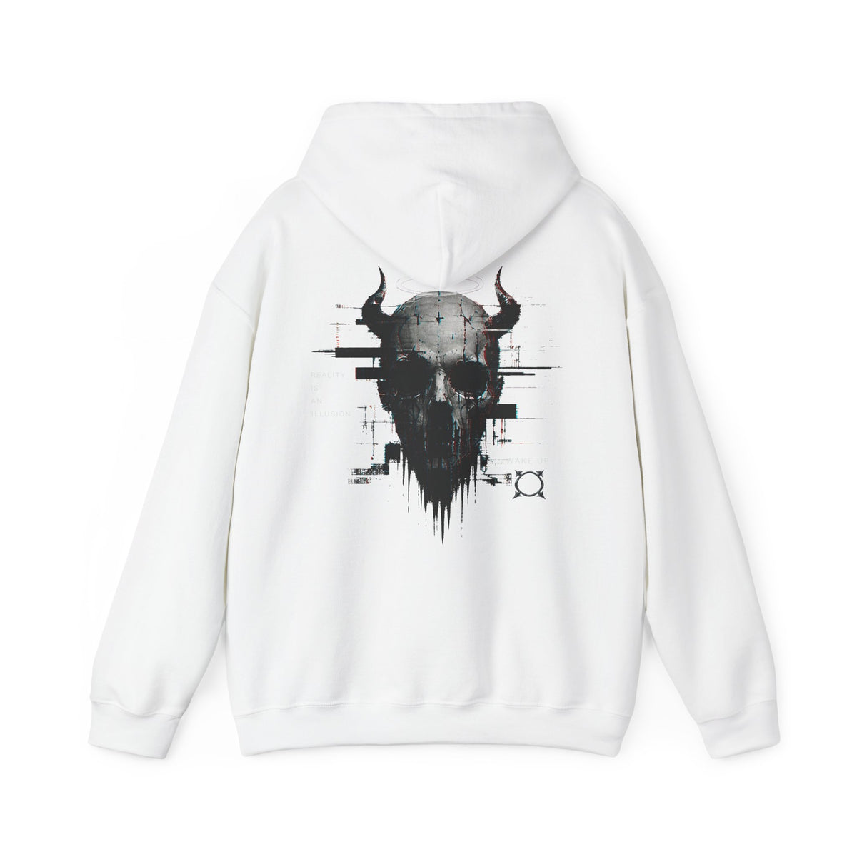 Reality Is an Illusion Glitch Skull Hoodie in White — back view
