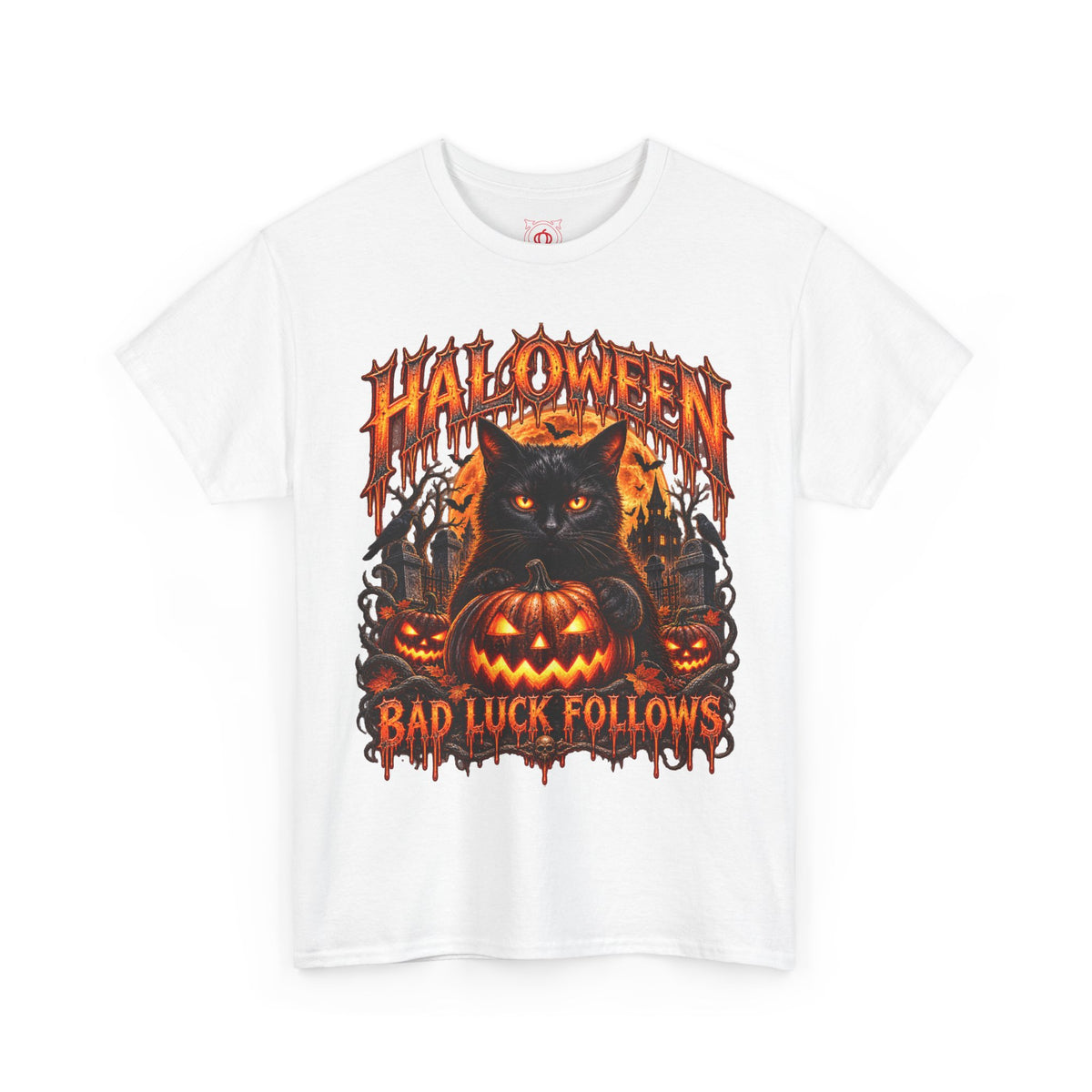 Bad Luck Follows Black Cat T-Shirt in White — front view