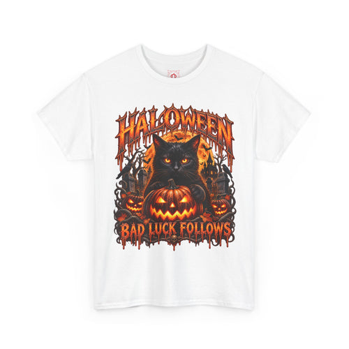 Bad Luck Follows Black Cat T-Shirt in White — front view