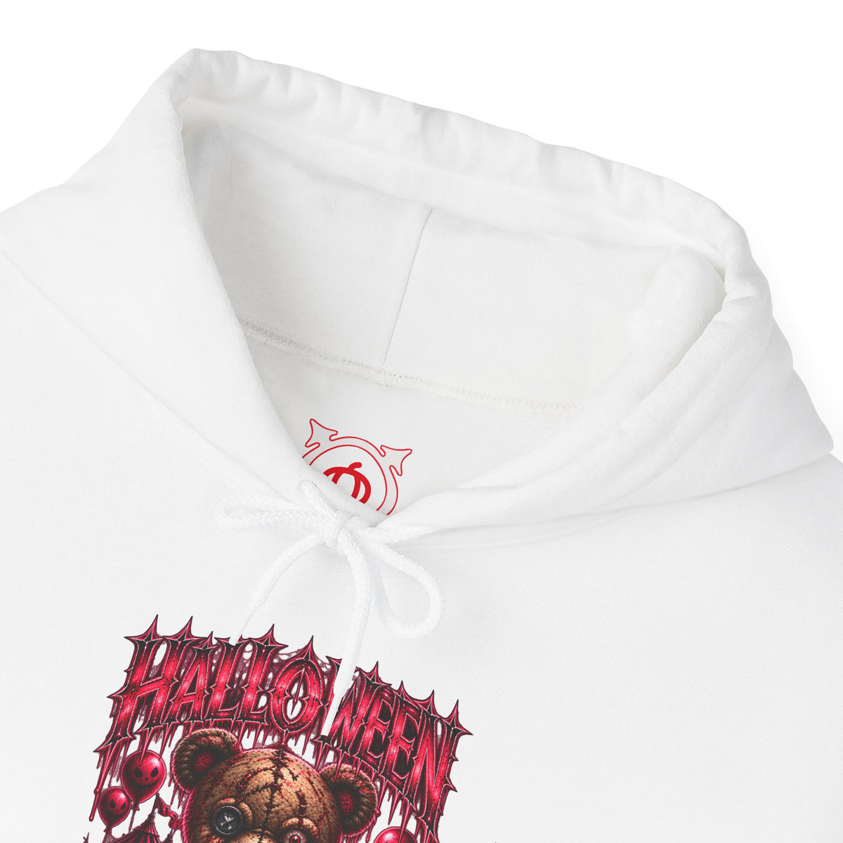 Playtime Is Over Creepy Teddy Bear Hoodie in White — front view