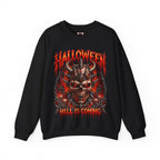 Hell Is Coming Horned Skull Sweatshirt in Black — front view