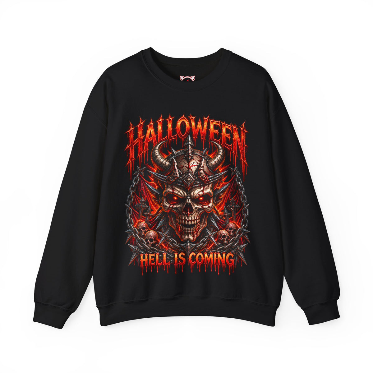 Hell Is Coming Horned Skull Sweatshirt in Black — front view