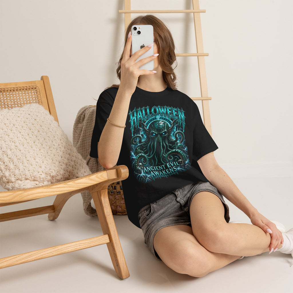 Ancient Awakening Tentacle Creature T-Shirt in Black — model view
