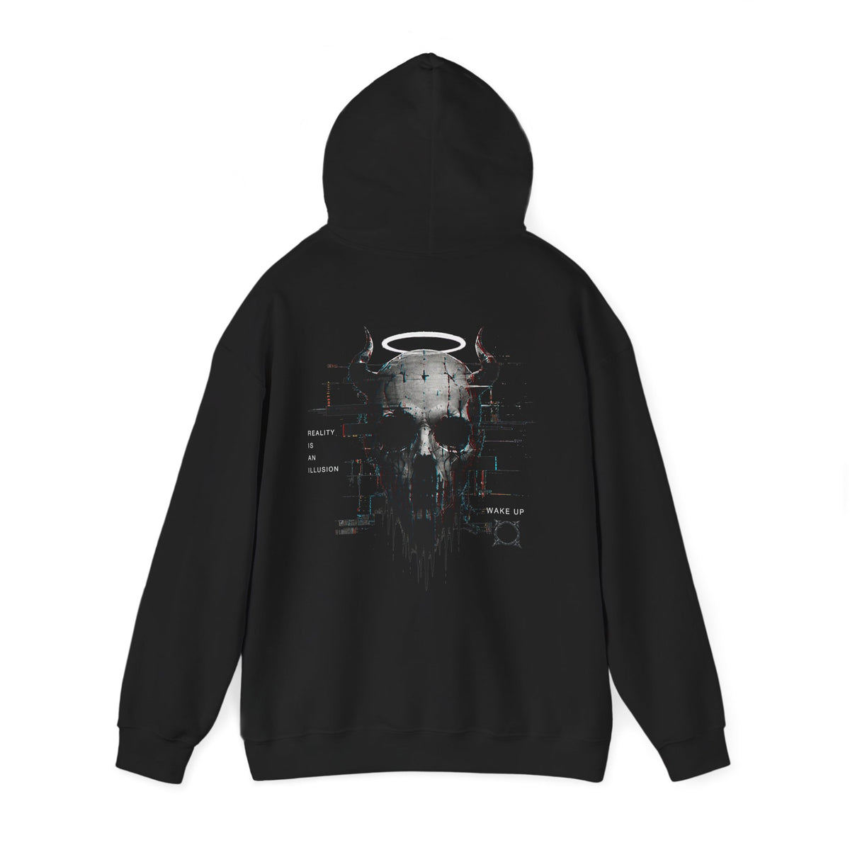 Reality Is an Illusion Glitch Skull Hoodie in Black — back view