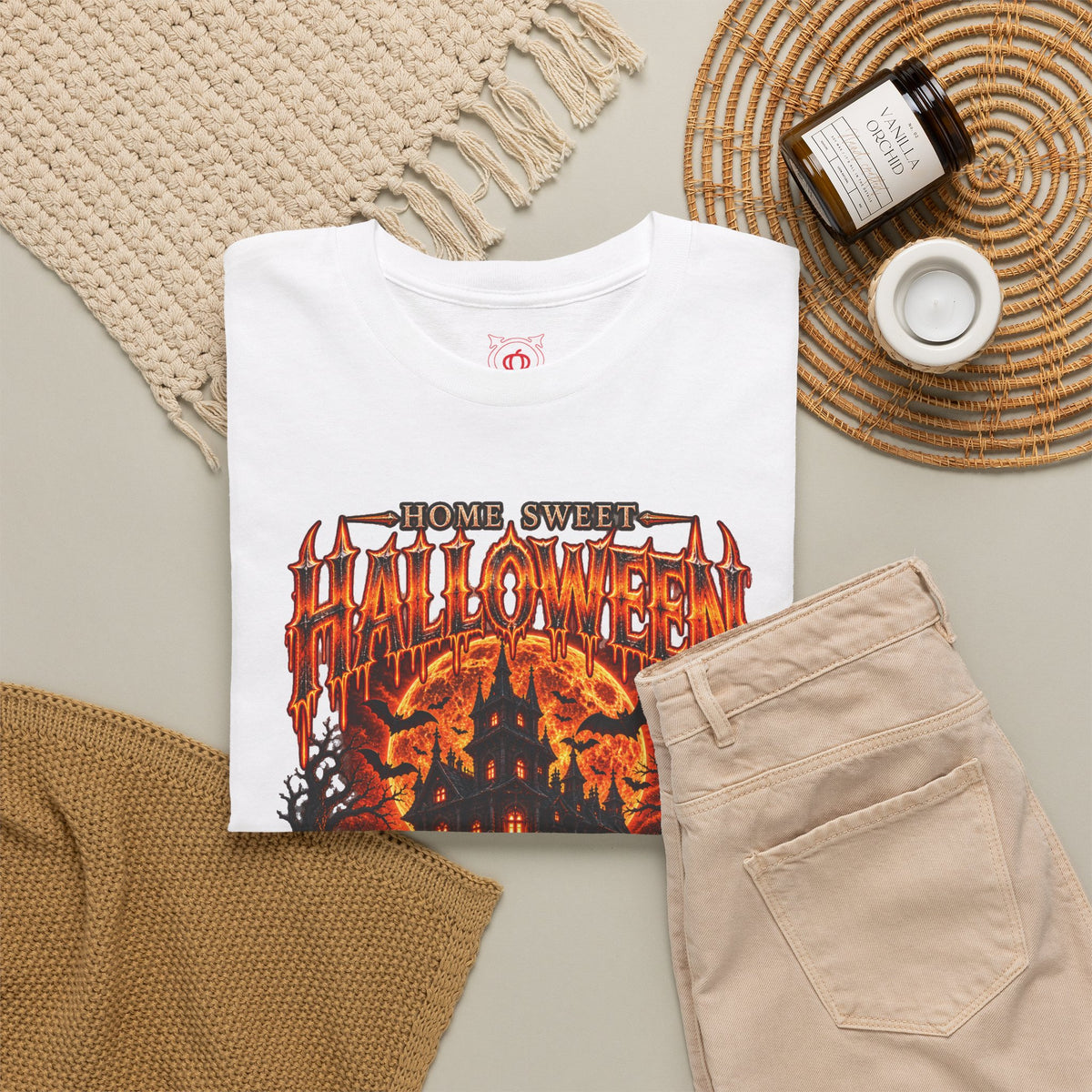 Home Sweet Halloween Haunted House T-Shirt in White — folded view