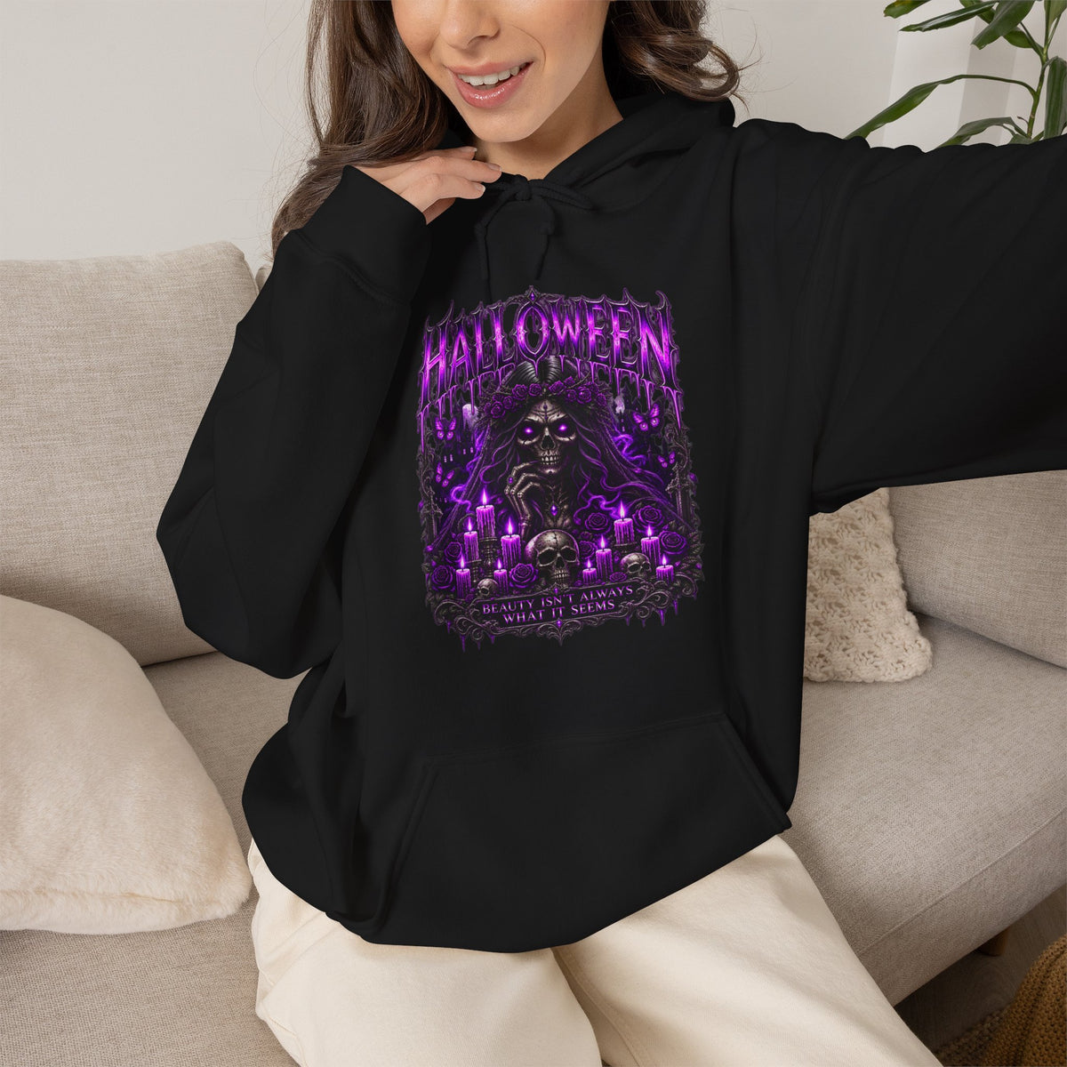 Beautiful Deception Skeleton Hoodie in Black — model view