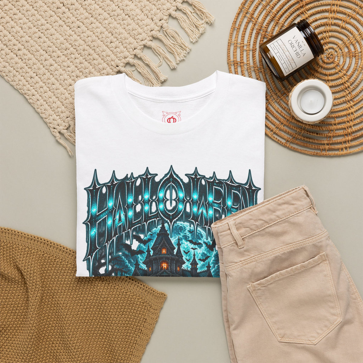 Midnight Manor Haunted House T-Shirt in White — folded view