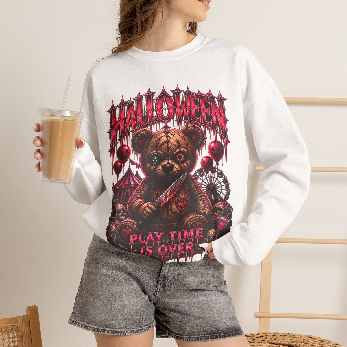 Playtime Is Over Creepy Teddy Bear Sweatshirt in White — model view