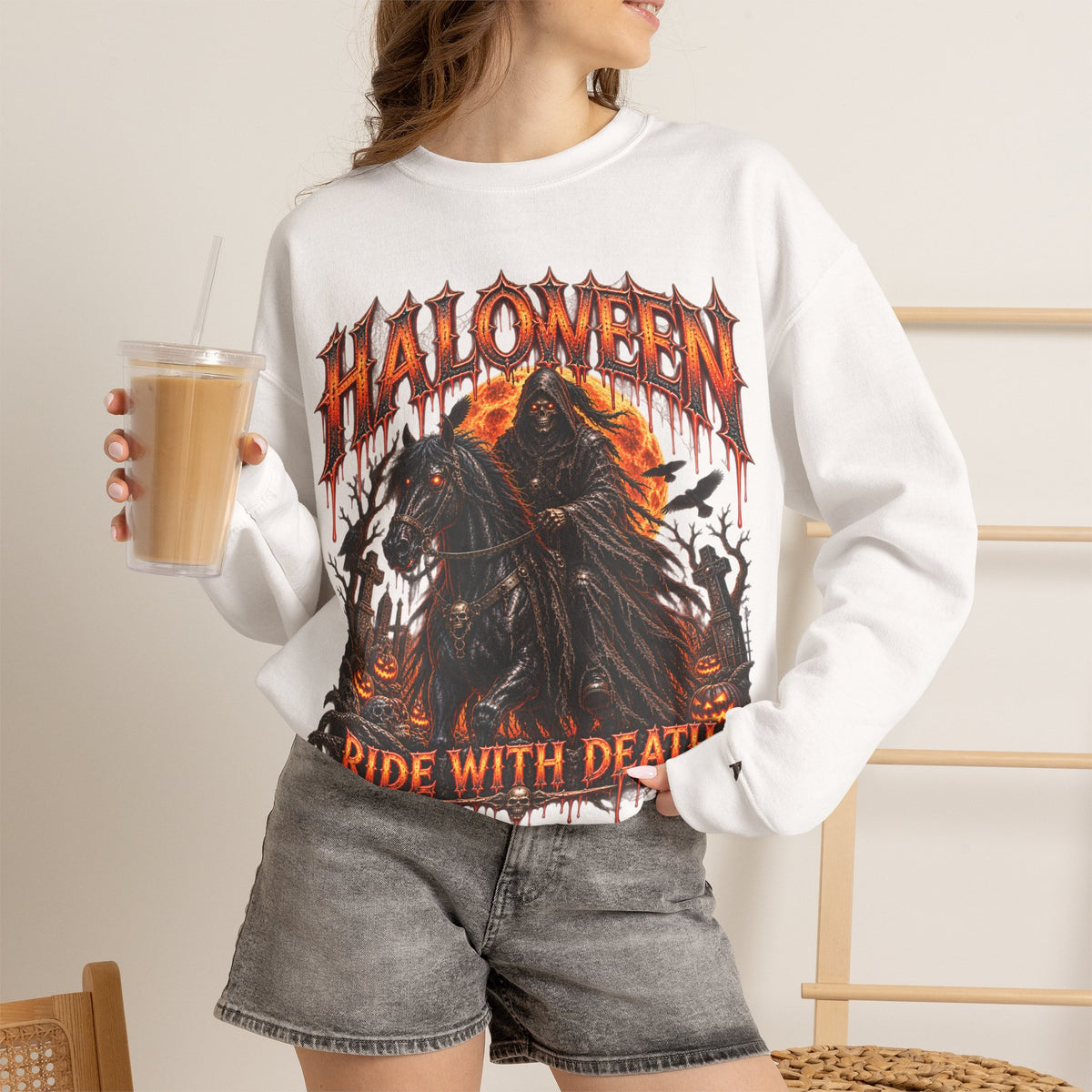 Ride with Death Grim Reaper Sweatshirt in White — model view