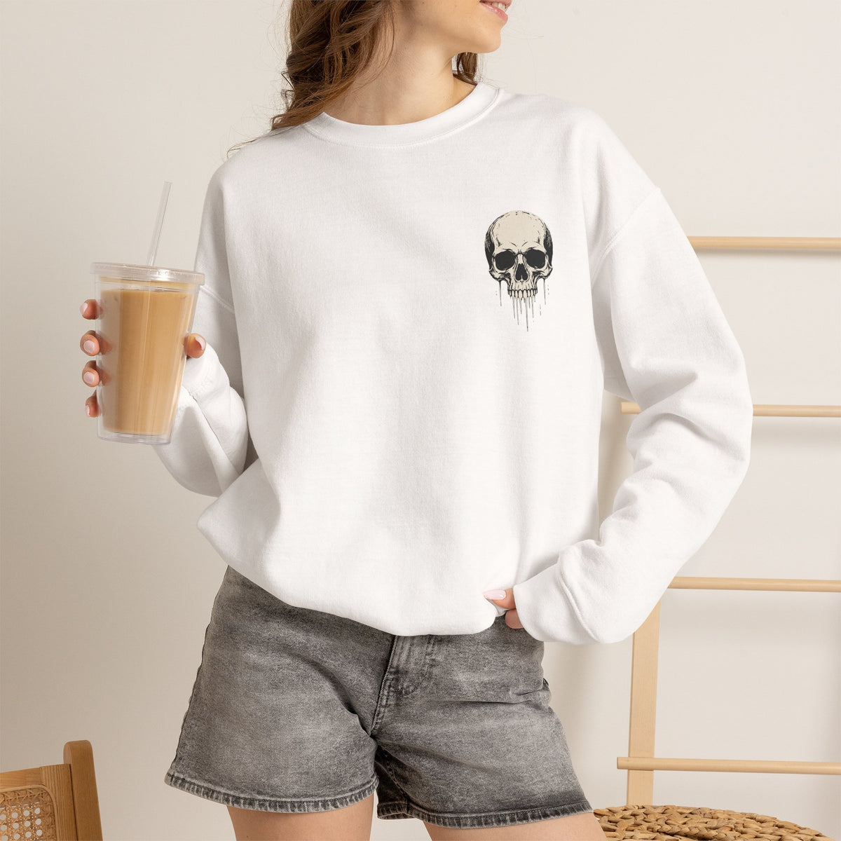 Dripping Skull Sweatshirt in White — model view
