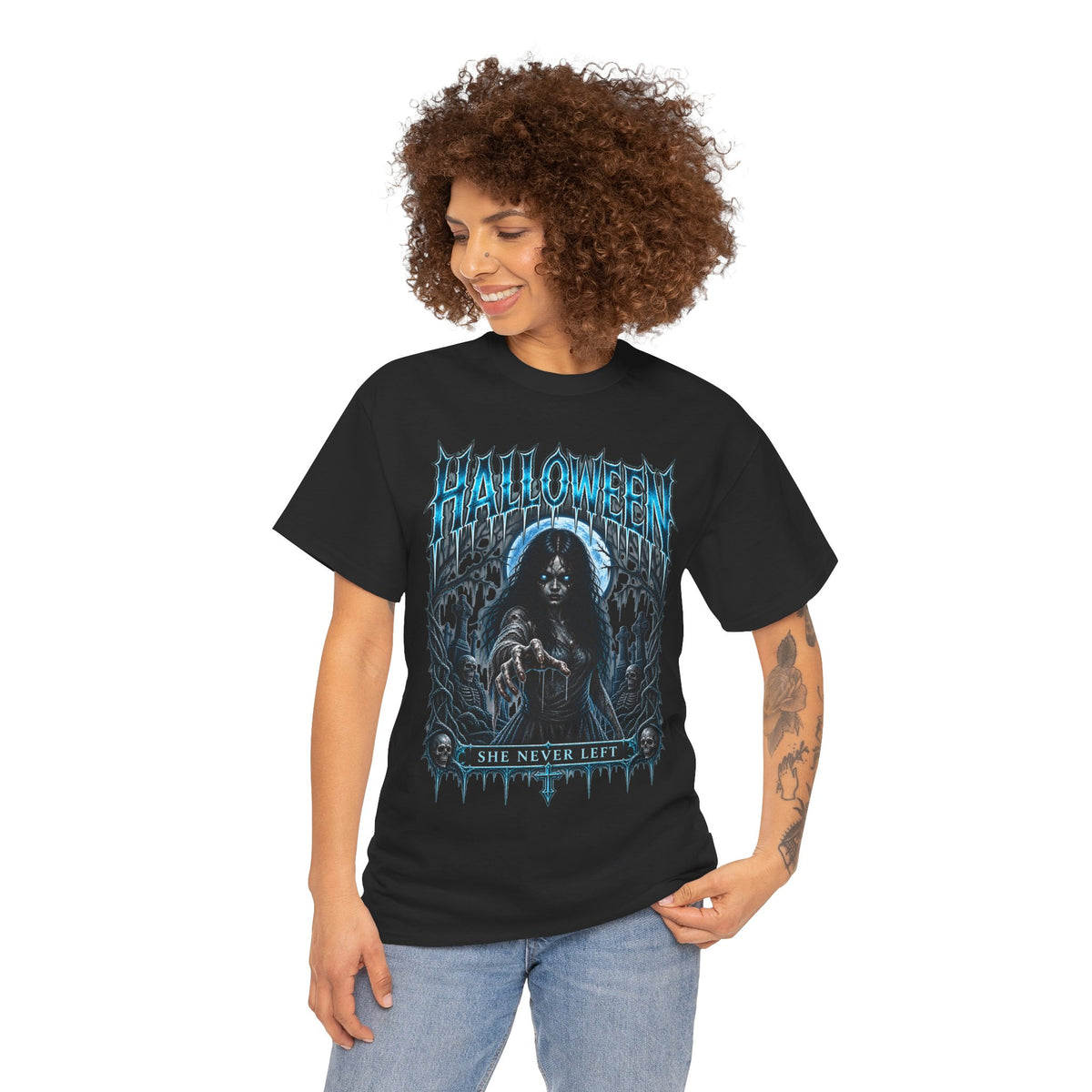 She Never Left Ghost T-Shirt in Black — model view