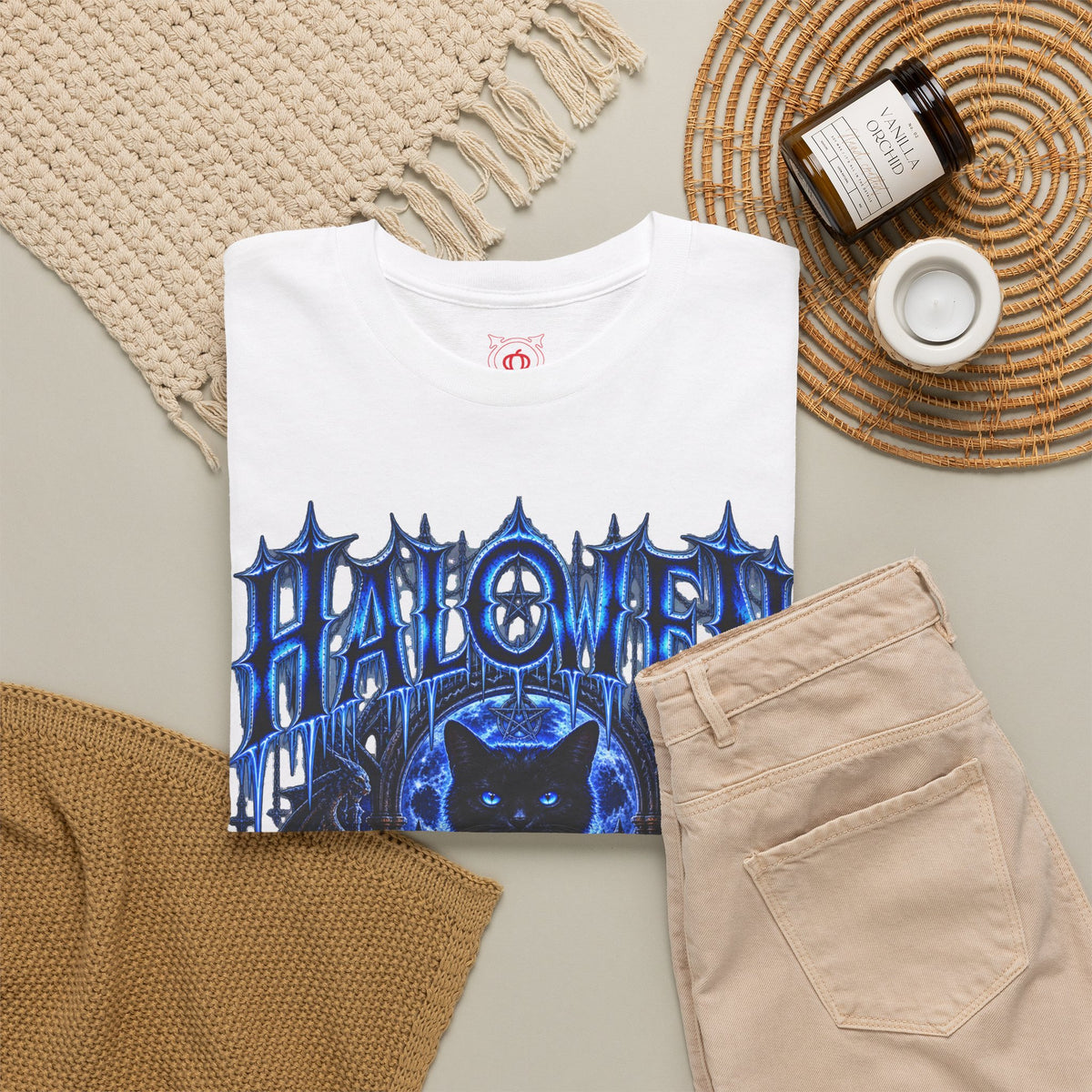 Black Cat Omen T-Shirt in White — folded view