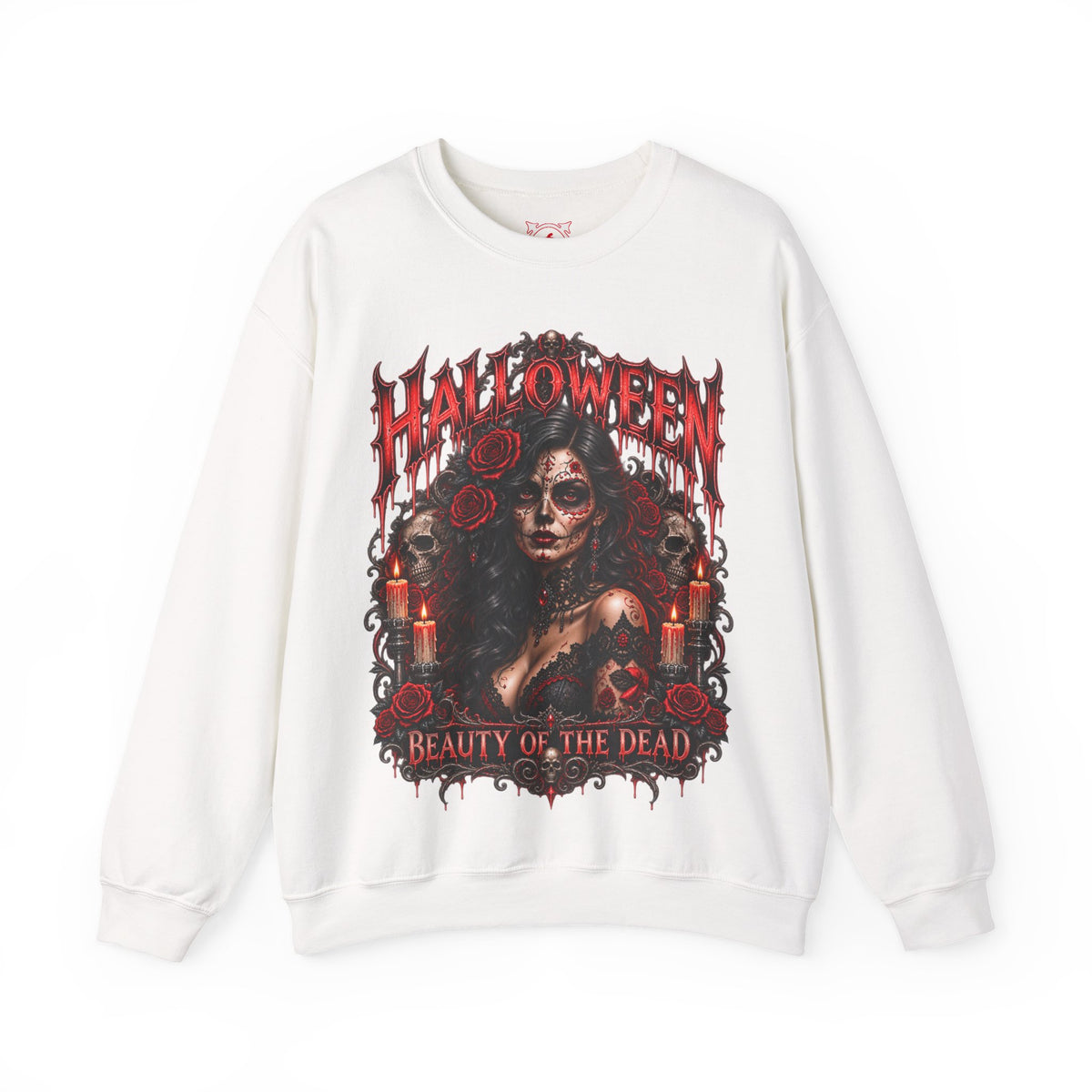 Beauty of the Dead Gothic Portrait Sweatshirt in White — front view