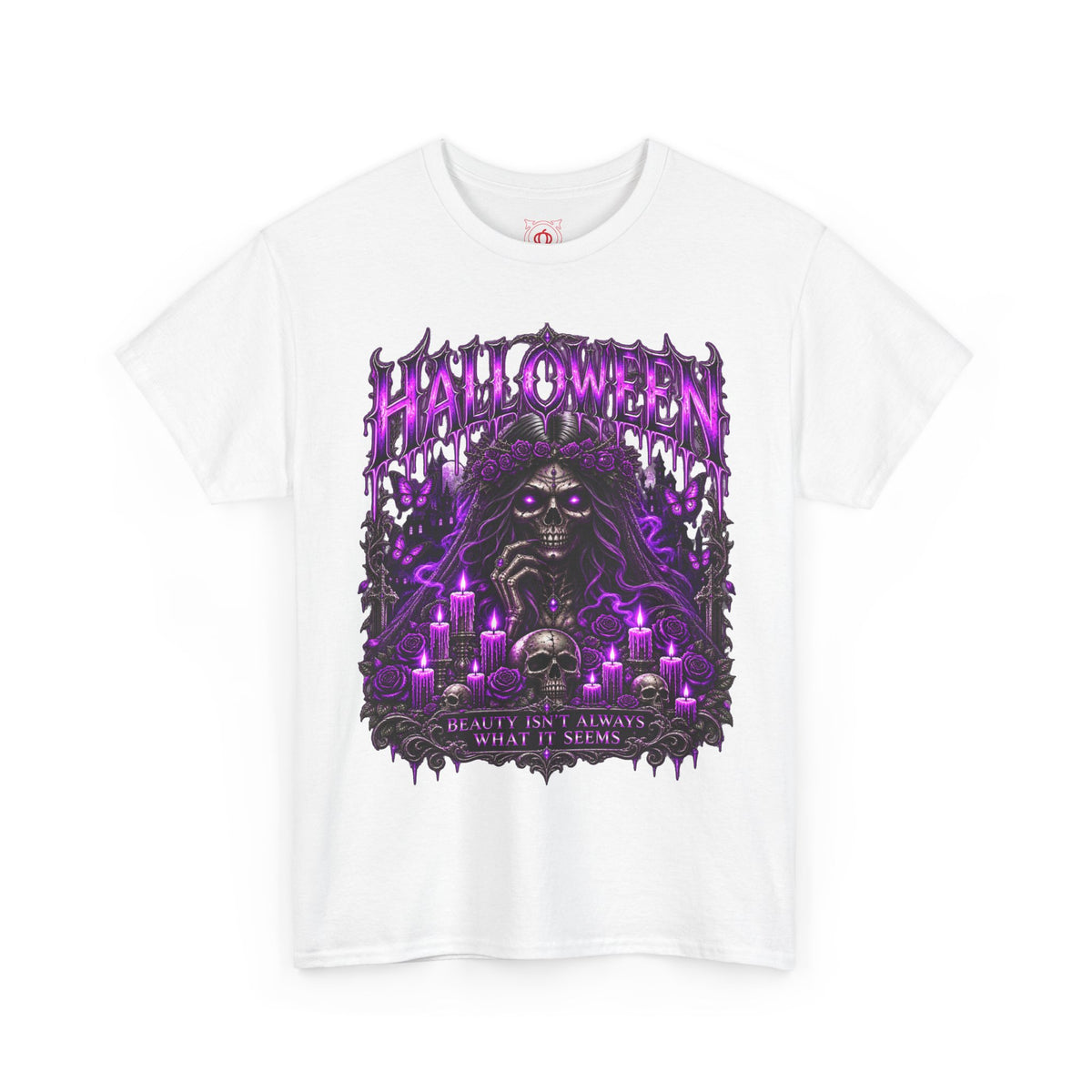Beautiful Deception Skeleton T-Shirt in White — front view