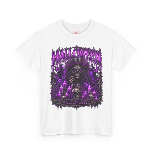 Beautiful Deception Skeleton T-Shirt in White — front view