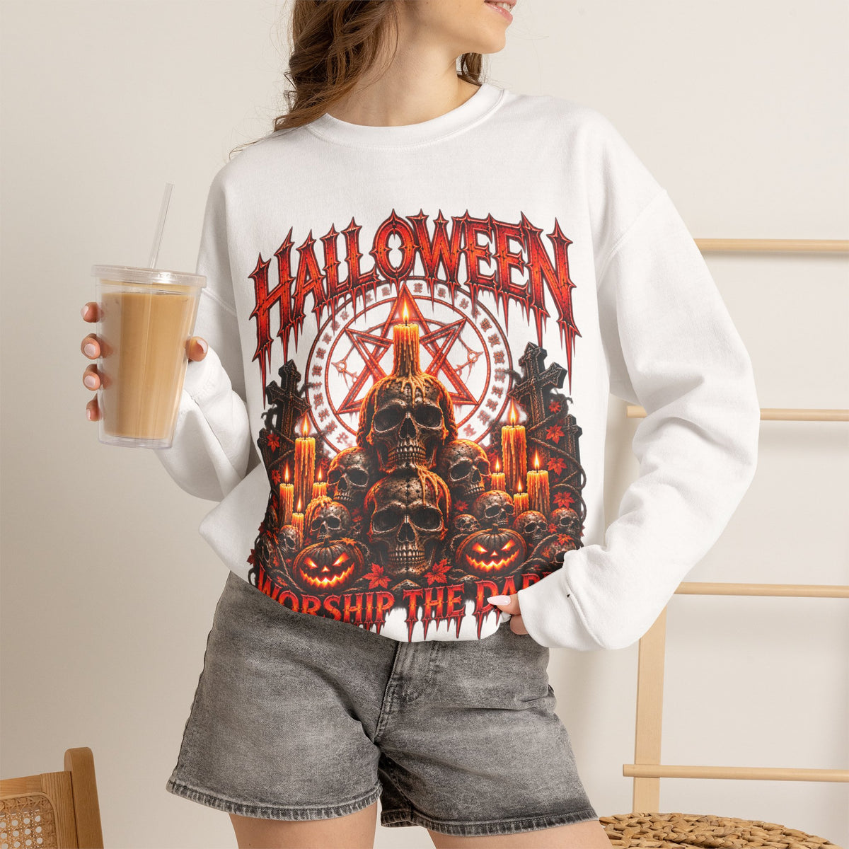 Worship the Dark Occult Sweatshirt in White — model view