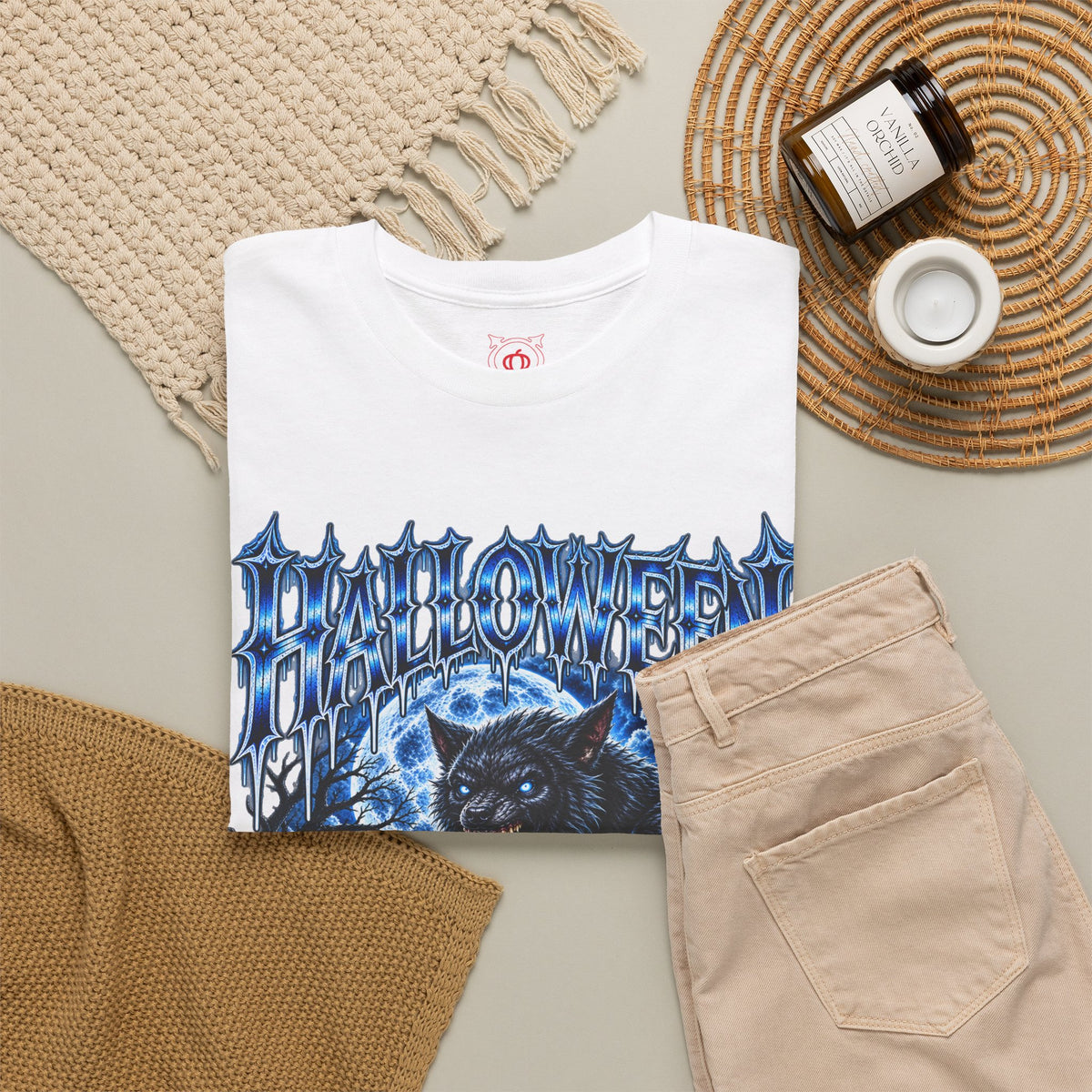 Full Moon Terror Werewolf T-Shirt in White — folded view
