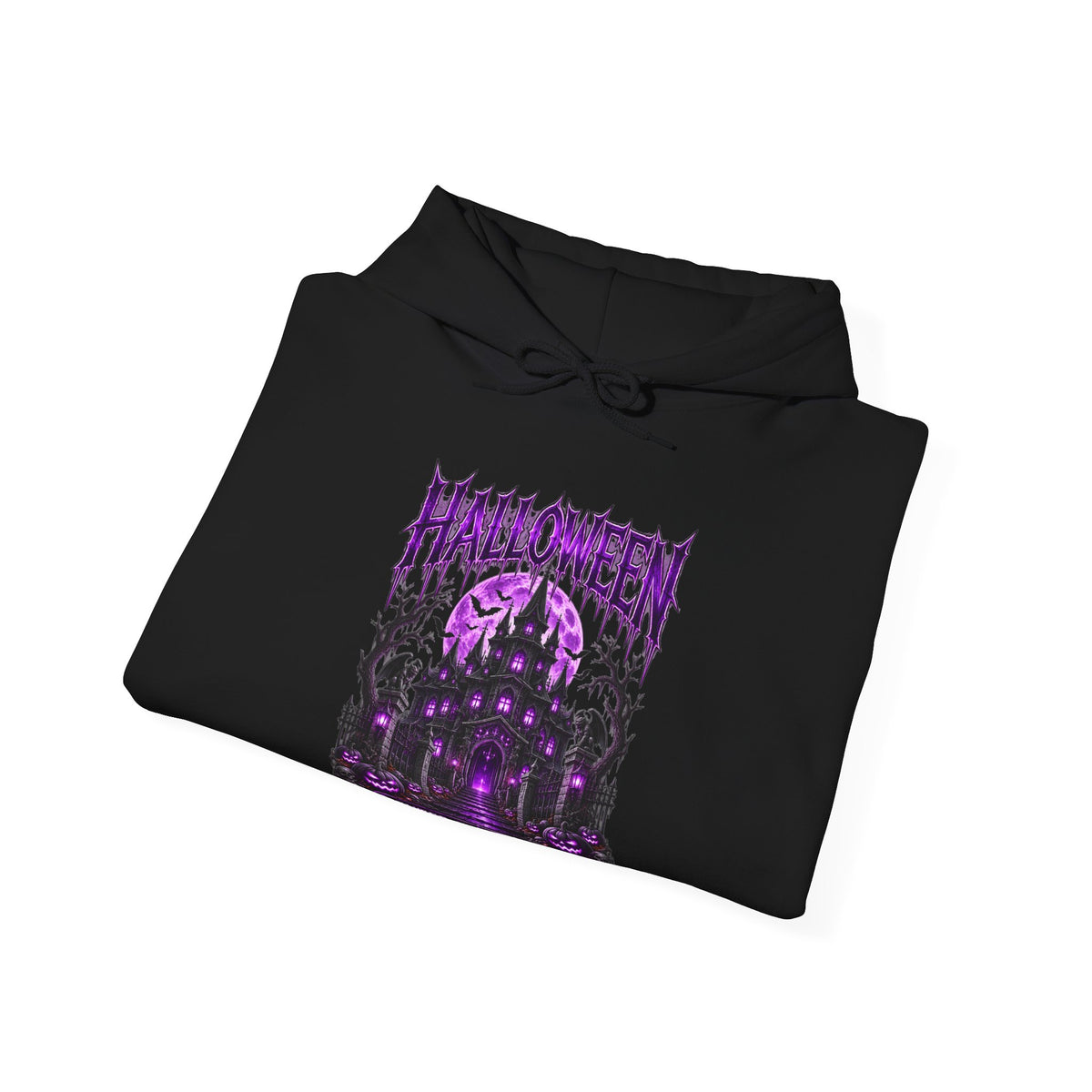 Enter If You Dare Haunted House Hoodie in Black — folded view