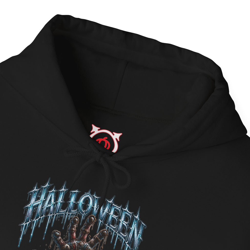 Never Stay Buried Zombie Hand Hoodie in Black — front view