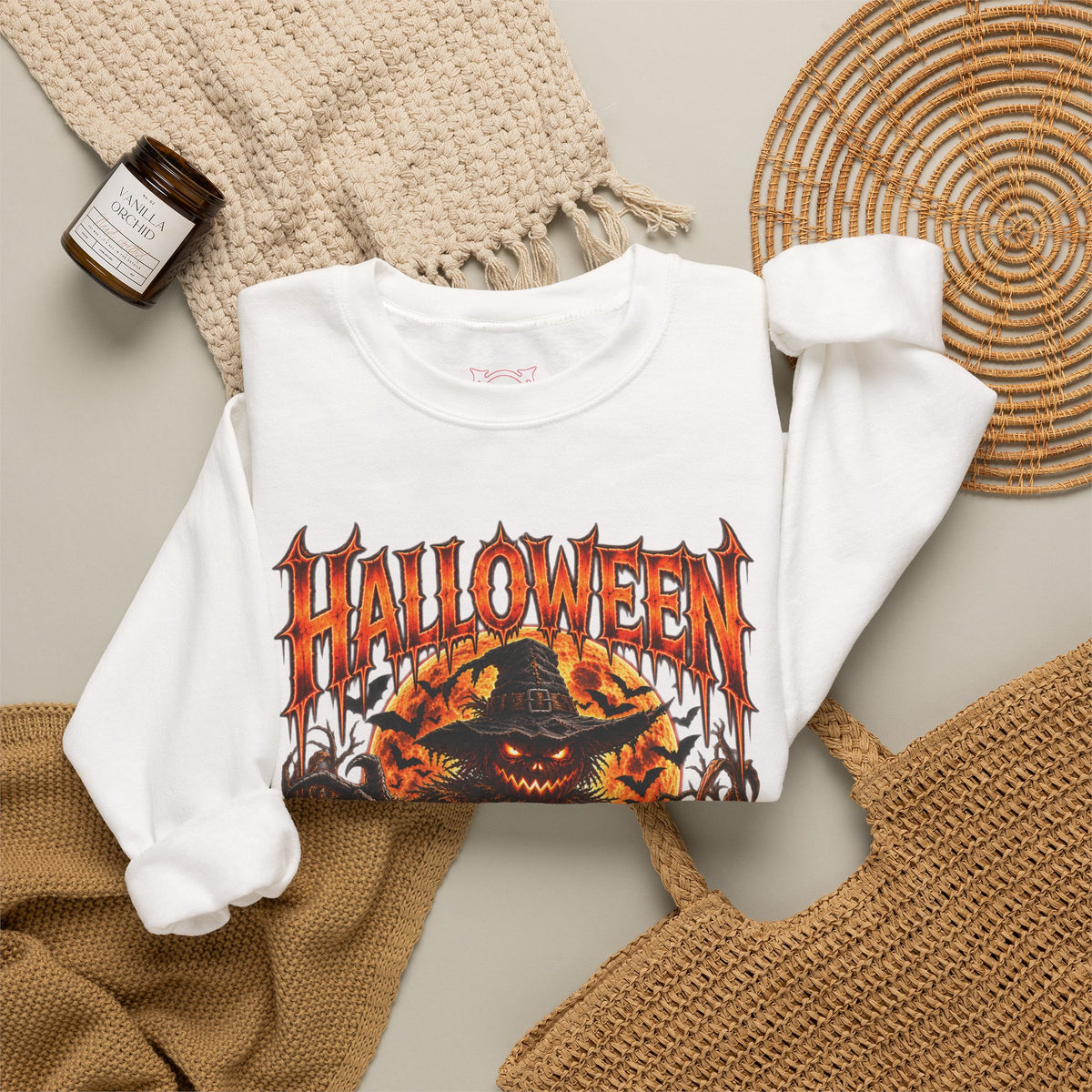 Never Forgotten Scarecrow Sweatshirt in White — folded view