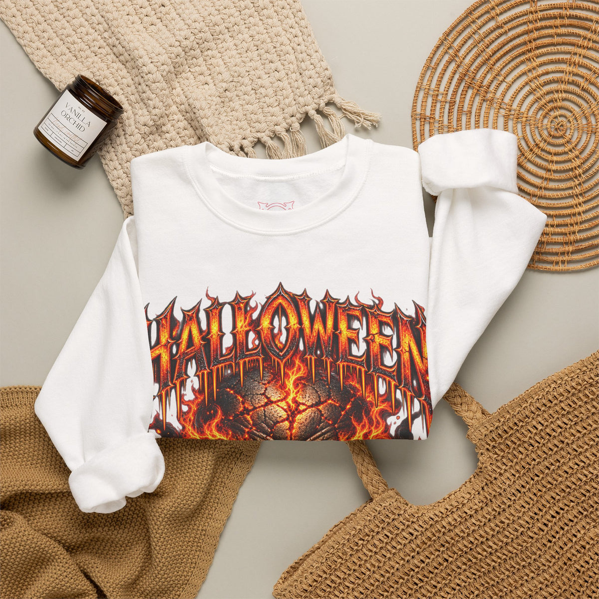 Born from Darkness Flaming Skull Sweatshirt in White — folded view