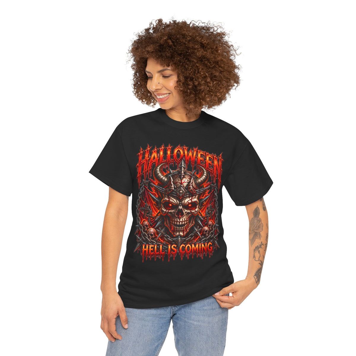 Hell Is Coming Horned Skull T-Shirt in Black — model view