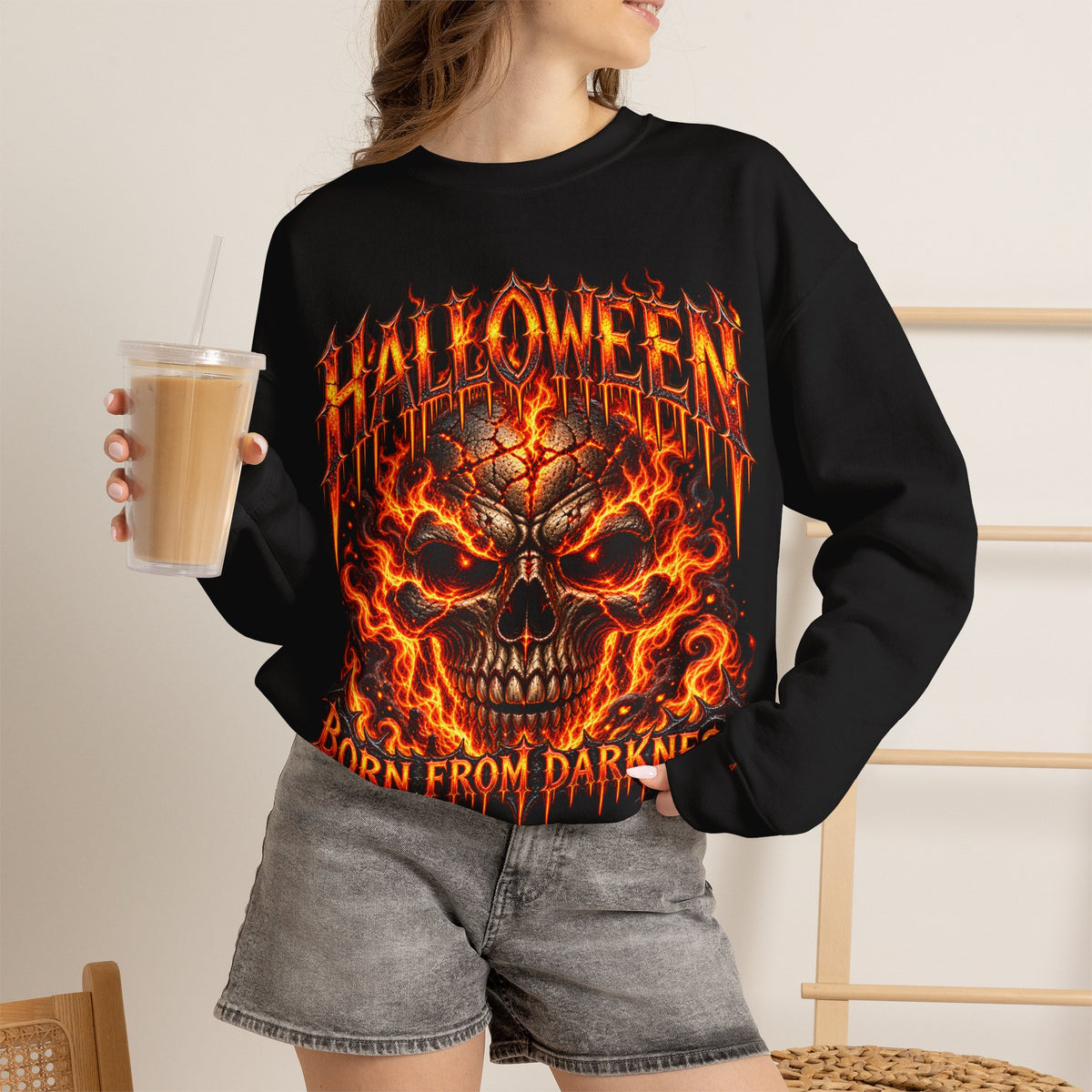 Born from Darkness Flaming Skull Sweatshirt in Black — model view