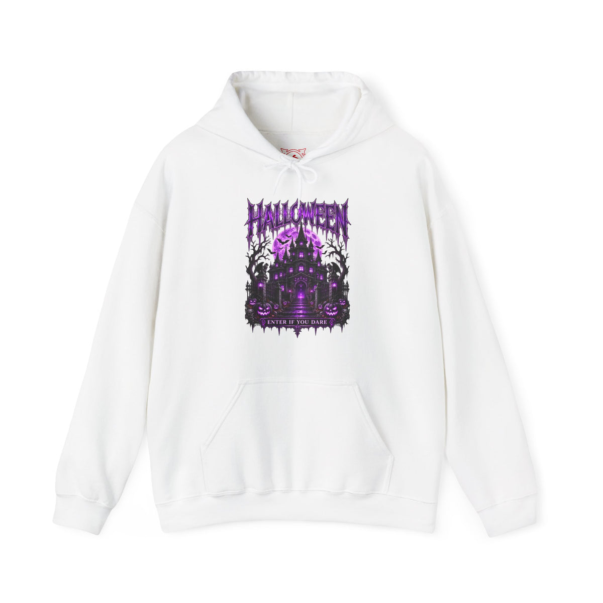 Enter If You Dare Haunted House Hoodie in White — front view