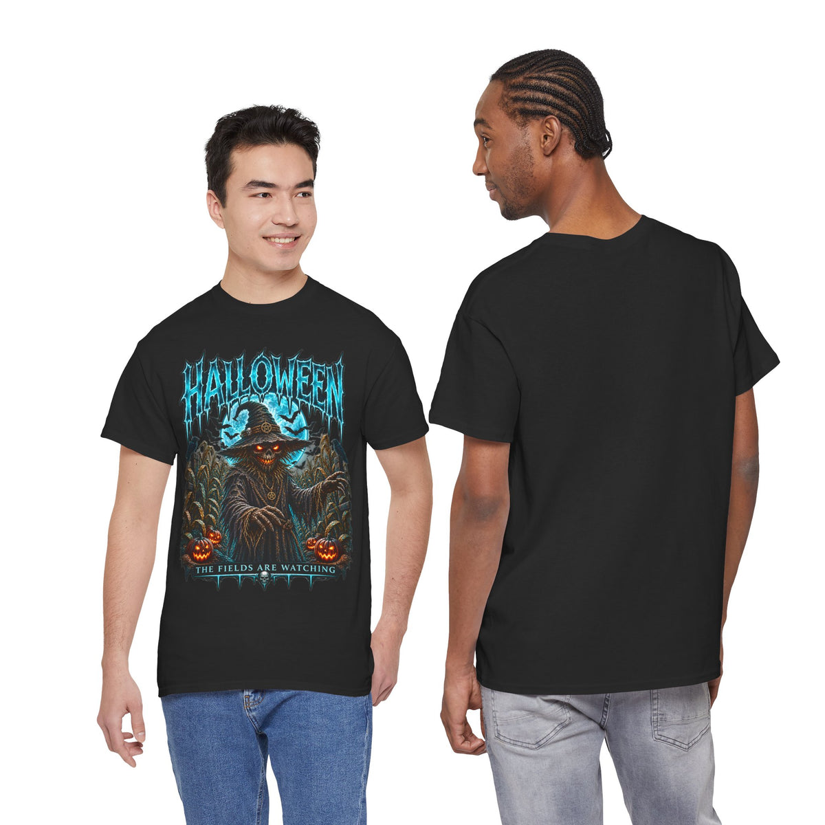 The Fields Are Watching Scarecrow T-Shirt in Black — model view