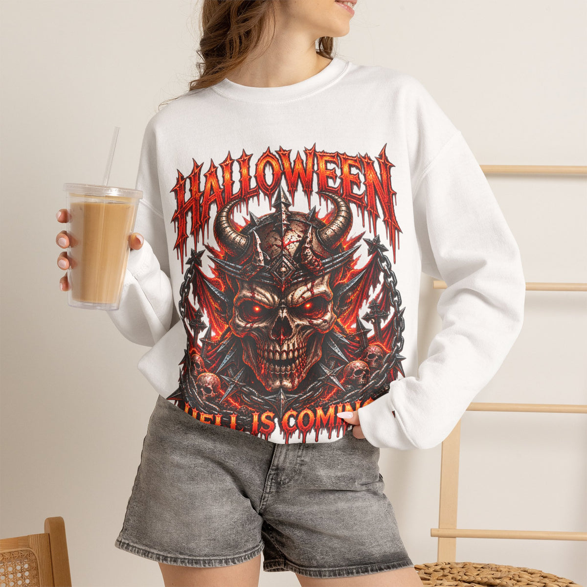 Hell Is Coming Horned Skull Sweatshirt in White — model view