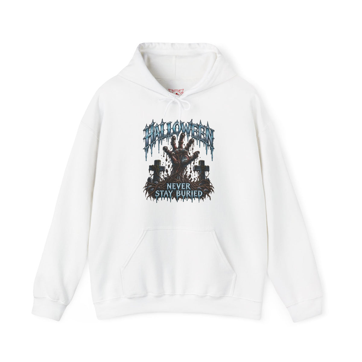 Never Stay Buried Zombie Hand Hoodie in White — front view