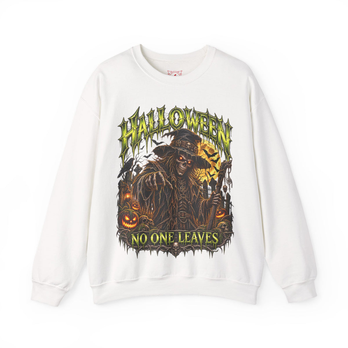 No One Leaves Scarecrow Sweatshirt in White — front view
