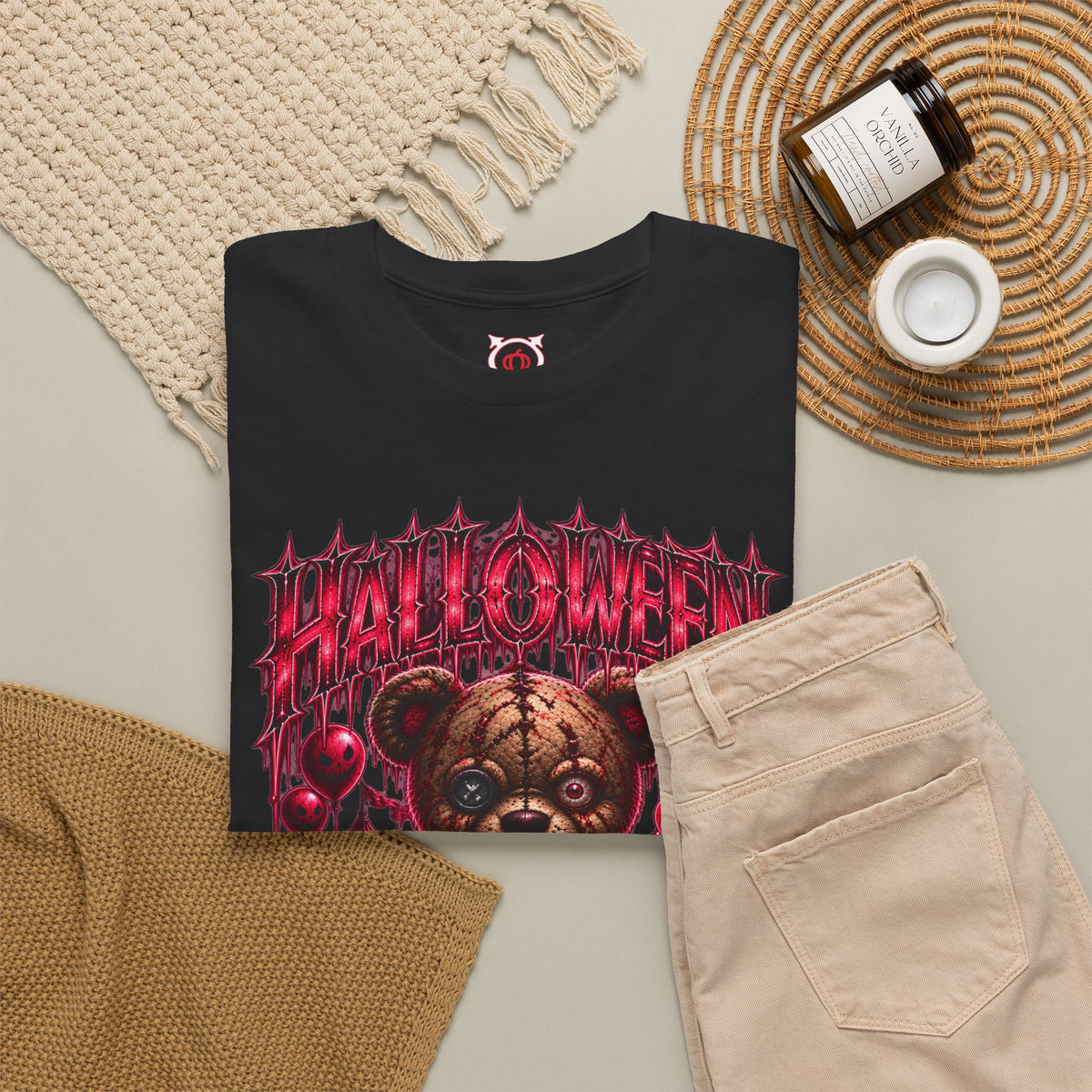 Playtime Is Over Creepy Teddy Bear T-Shirt in Black — folded view