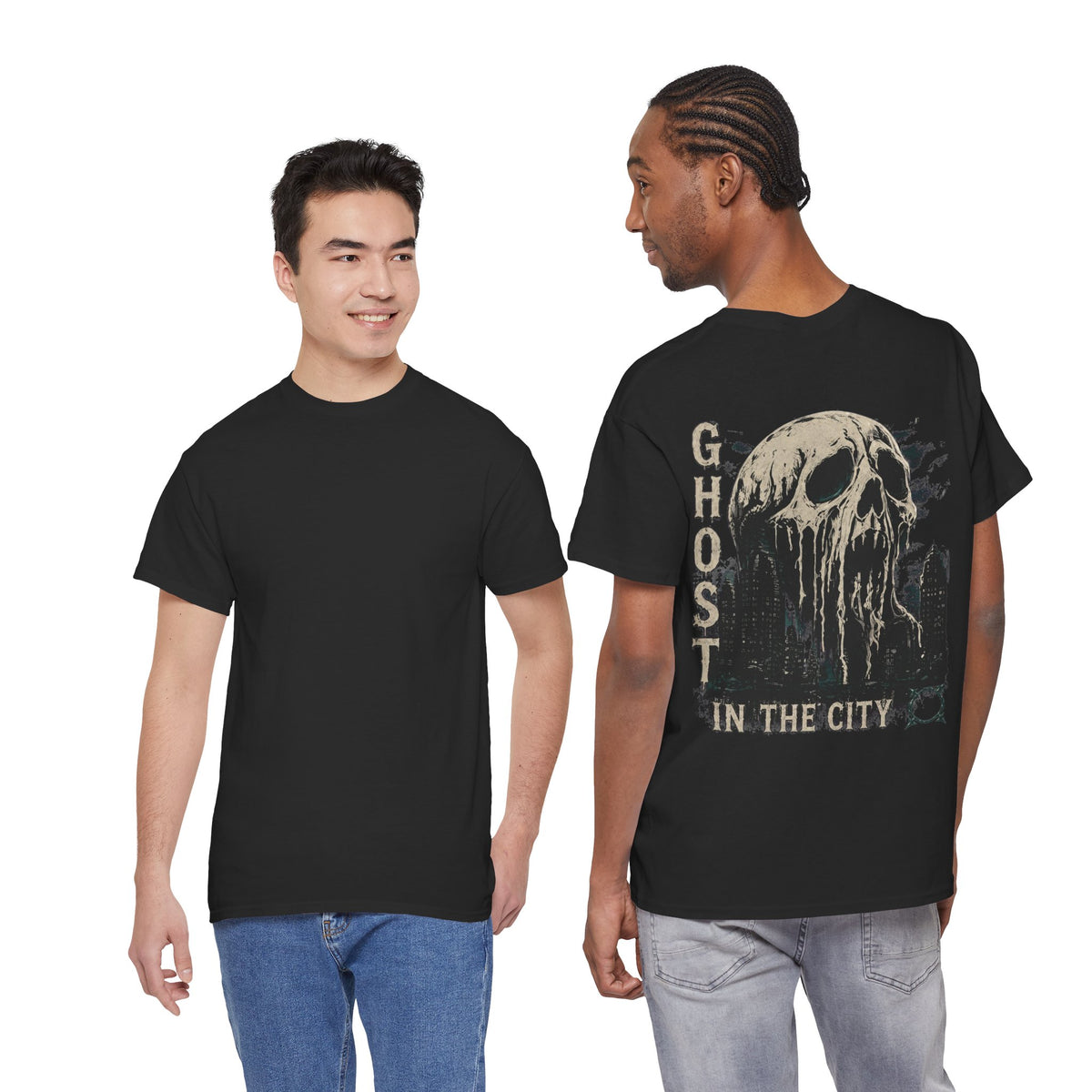 Ghost in the City Skull T-Shirt in Black — model view