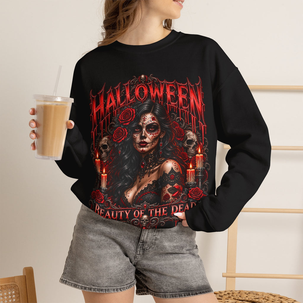 Beauty of the Dead Gothic Portrait Sweatshirt in Black — model view