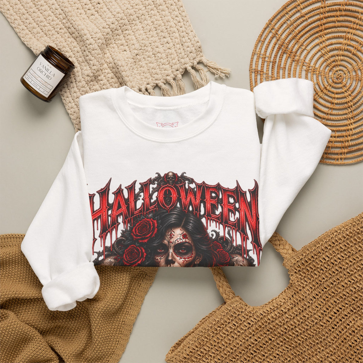 Beauty of the Dead Gothic Portrait Sweatshirt in White — folded view
