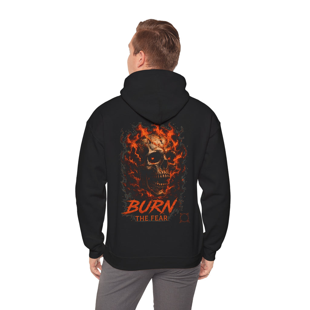 Burn the Fear Flaming Skull Hoodie in Black — model view