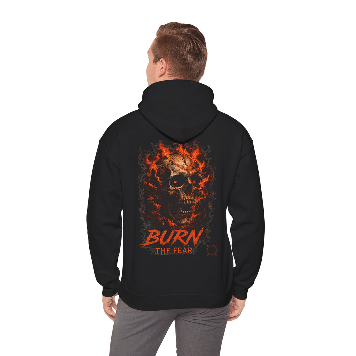 Burn the Fear Flaming Skull Hoodie in Black — model view
