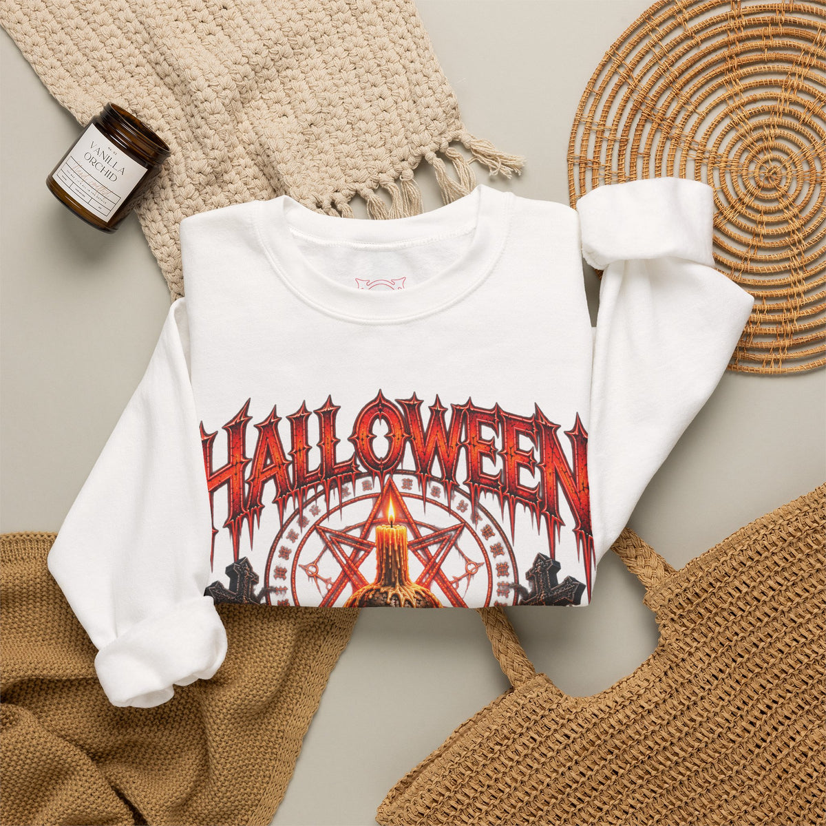 Worship the Dark Occult Sweatshirt in White — folded view