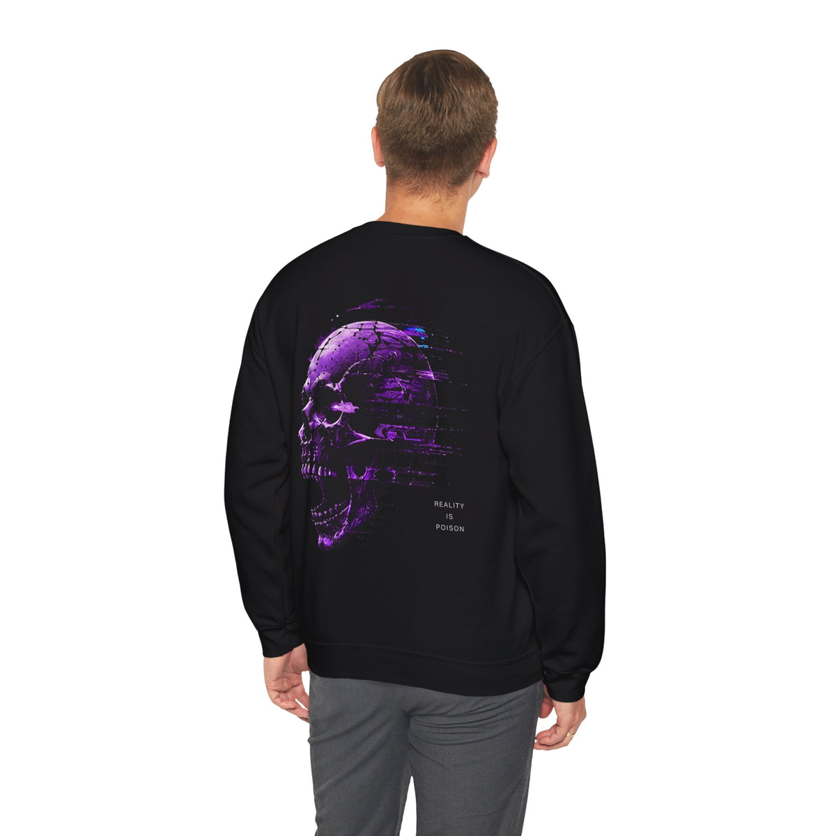 Reality Is Poison Glitch Skull Sweatshirt in Black — model view