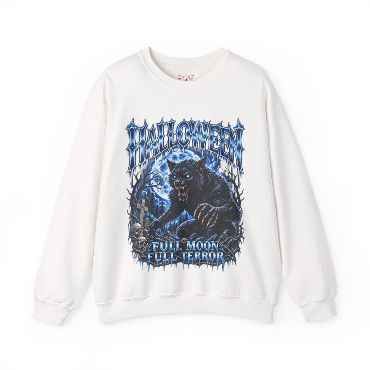 Full Moon Terror Werewolf Sweatshirt in White — front view