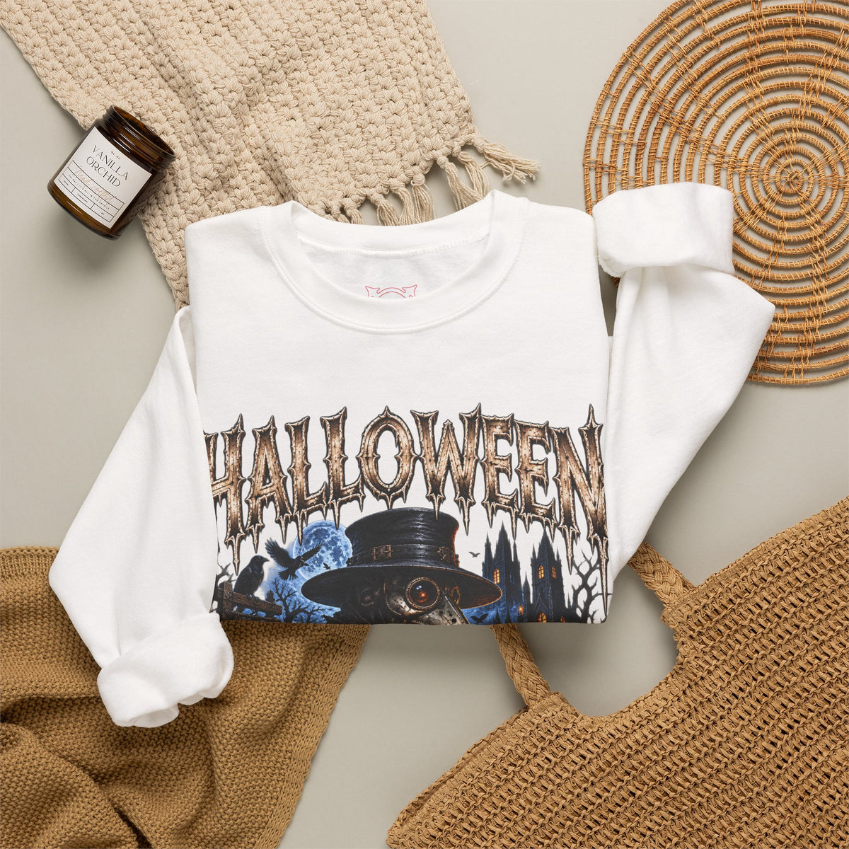 Plague Watch Plague Doctor Sweatshirt in White — folded view