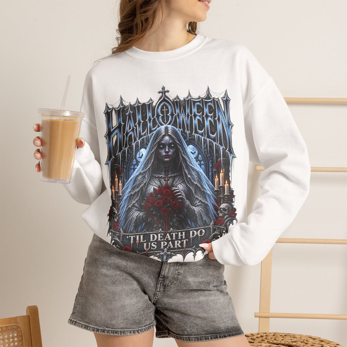 Midnight Vows Gothic Bride Sweatshirt in White — model view