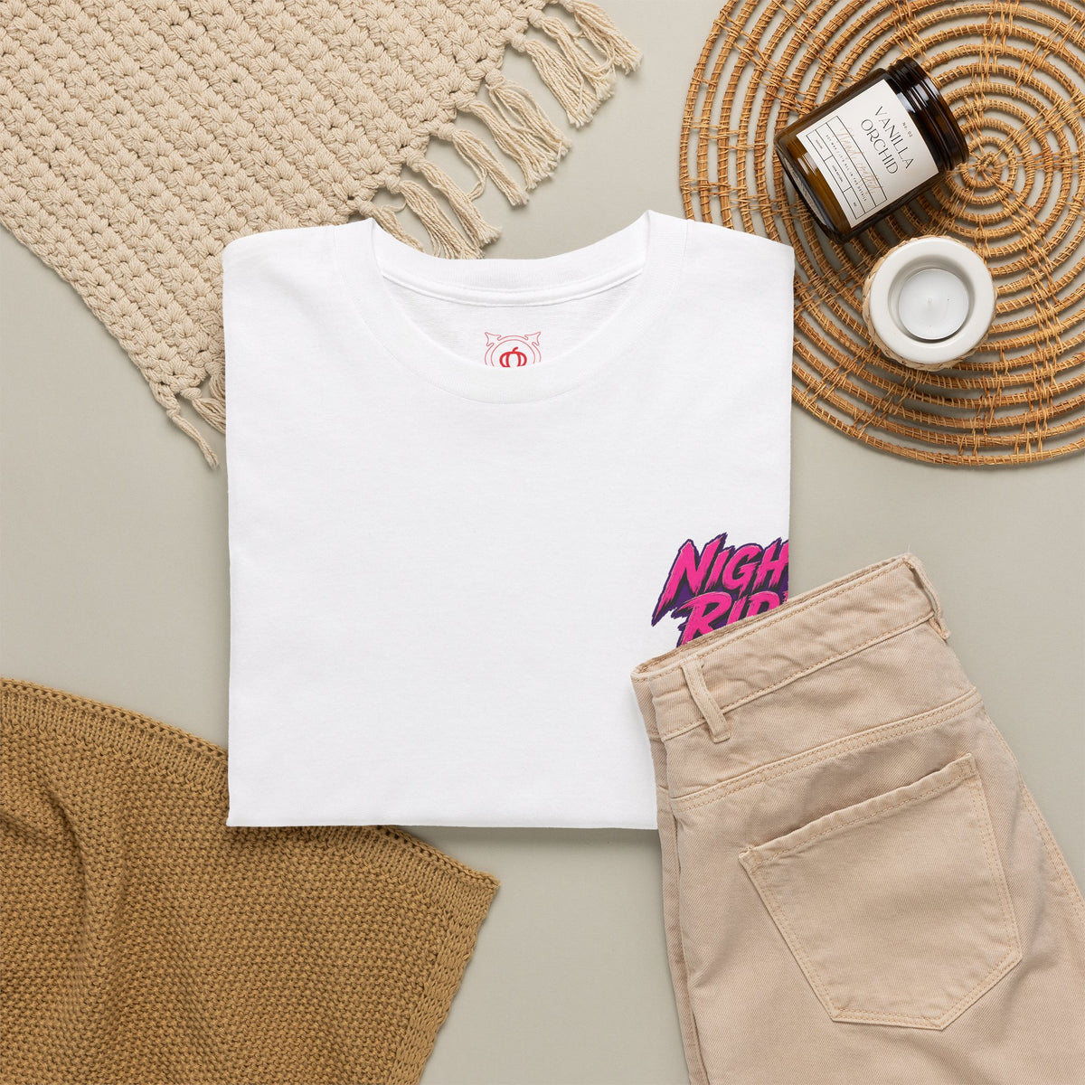 Night Ride Motorcycle T-Shirt in White — folded view
