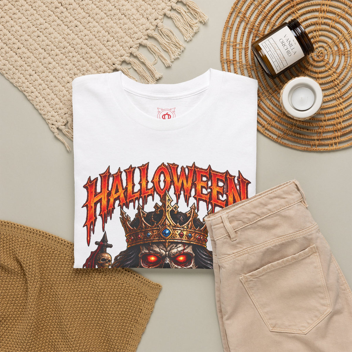 Crowned Terror Skeleton King T-Shirt in White — folded view